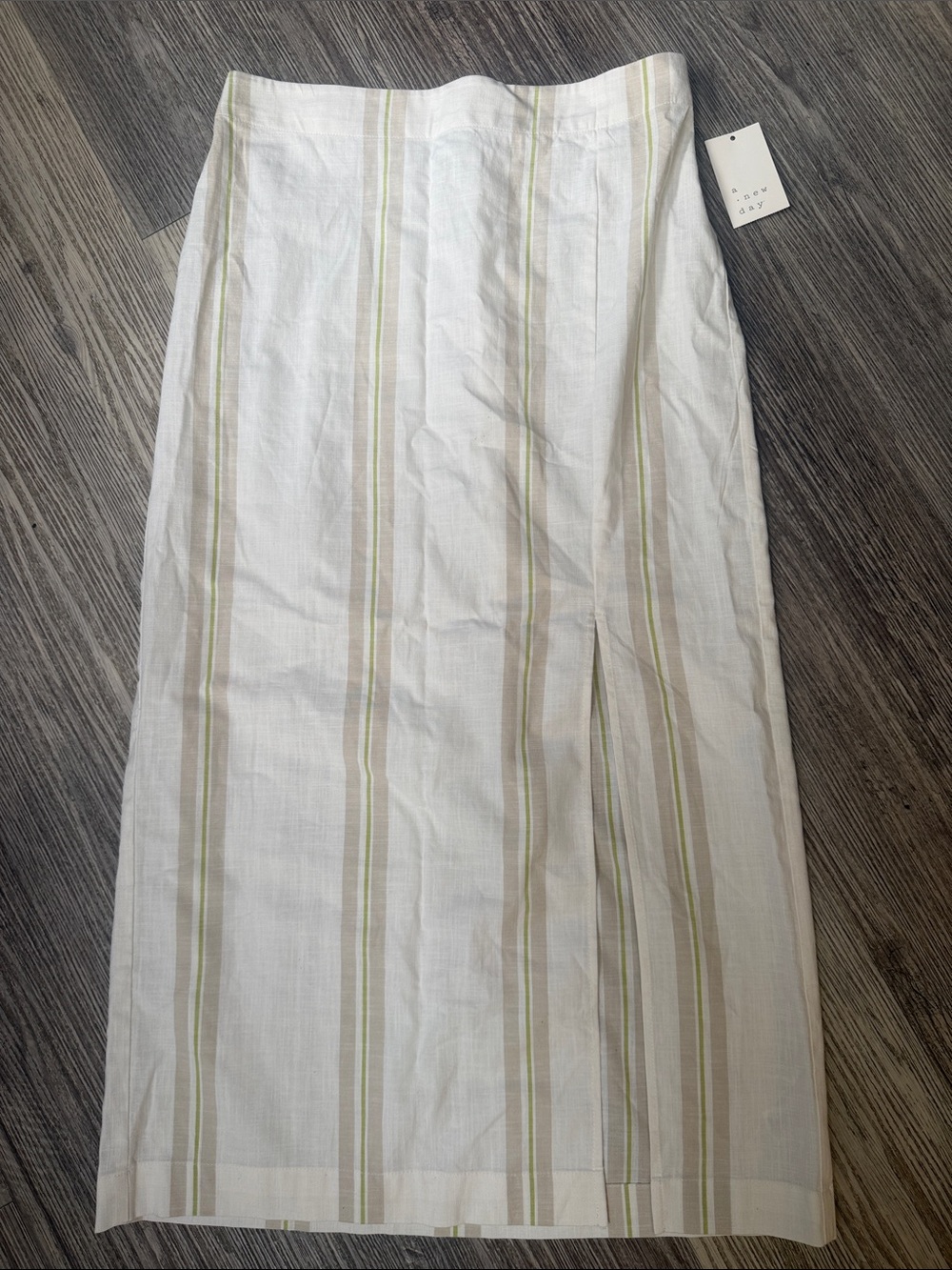 NWT a.n.a New Day Women’s Linen Blend Midi Skirt Cream & green Stripe Side Slit